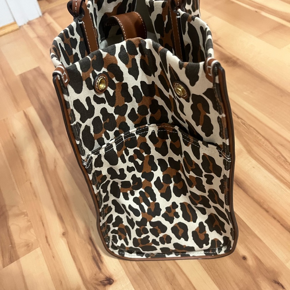 Tory Burch Leopard Print Canvas Tote with Brown Leather Trim - Picture 3 of 9